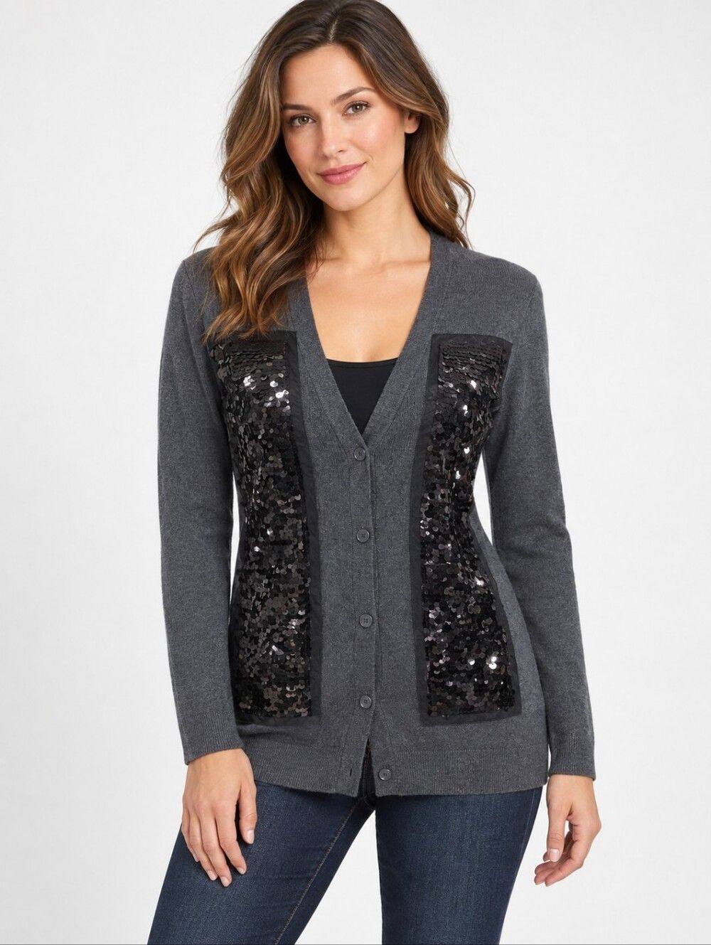 EUC Simply Vera Wang women's grey Sequins long sleeve cardigan M Stunning
